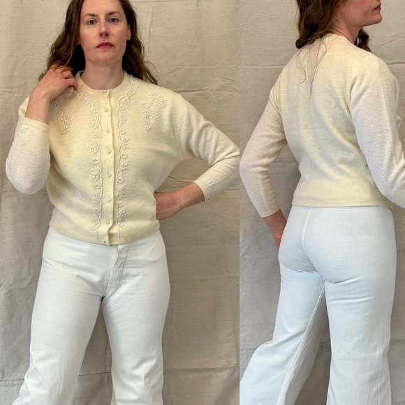 Vintage 60s Ivory Wool White Beaded Cardigan Sweater by Anthony Ramchand size L - Picture 1 of 13